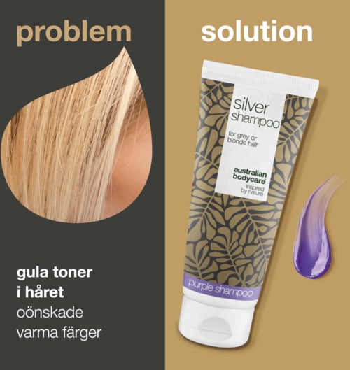 Ein Haarproblem wird links gezeigt, und ein Silbershampoo für blondes Haar rechts.
