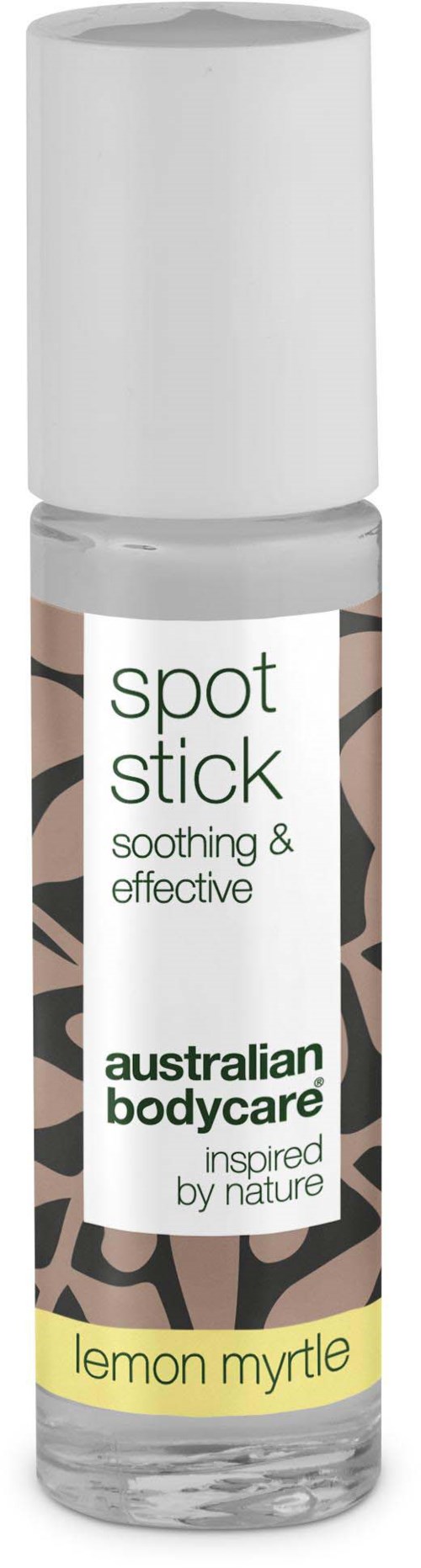 En klar rullende flaske merket 'spot stick' med duft av lemon myrtle, fra Australian Bodycare, designet for å lindre huden.