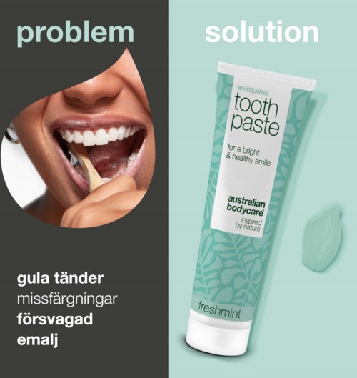 Et delt billede viser en smilende person med tandproblemer på den ene side og tandpasta på den anden.