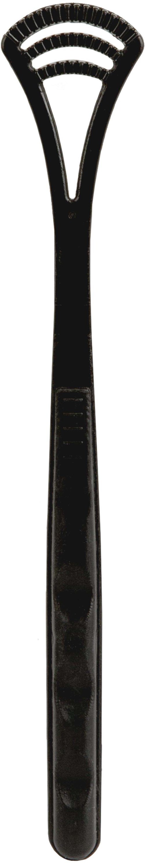 A long black tool with a rounded handle and three curved prongs at the end.