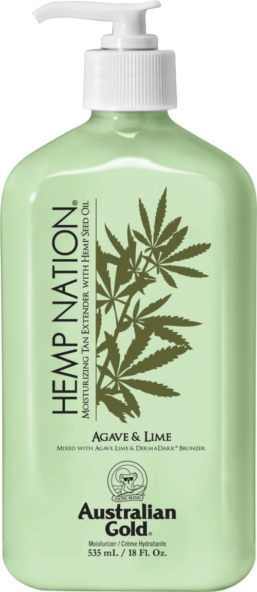 En grön flaska med pump, märkt Hemp Nation återfuktande schampo med limonsmak, med en hampablad-grafik.