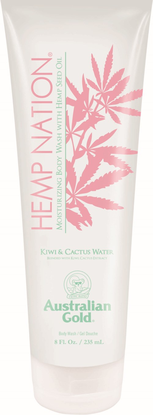 A white tube labeled 'Hemp Nation' with a pink hemp leaf drawing, designed for body wash or oil.