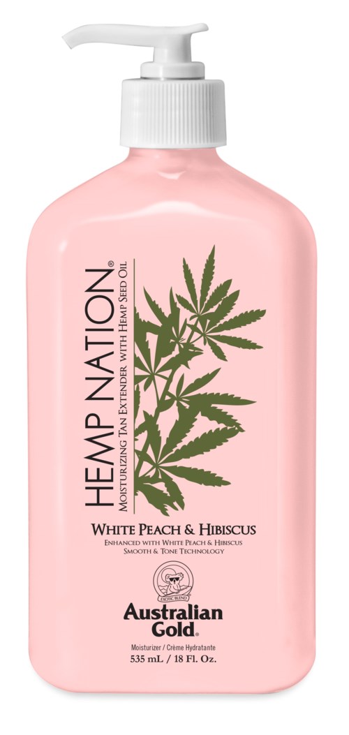 Rosa flaska med vit pump, stora cannabisblad på etiketten, text nämner hemp nation, persika, hibiskus och Australian Gold.