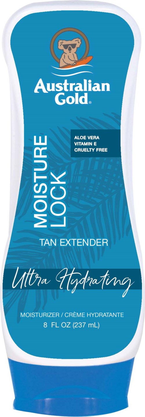 Blå flaska med Australian Gold-fuktighetskräm med en koalalogotyp, säger att den är återfuktande och cruelty-free, 8 fl oz.