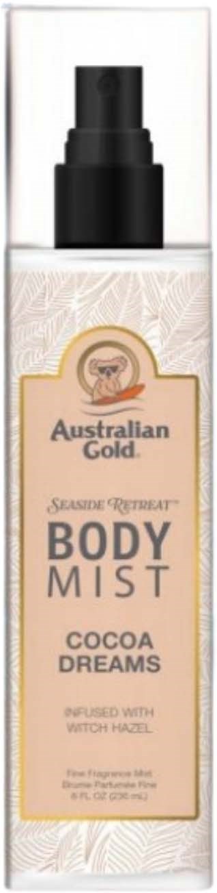 Australian Gold Body Mist Cocoa Dreams, spray bottle with a black cap, creamy beige label, and gold accents.