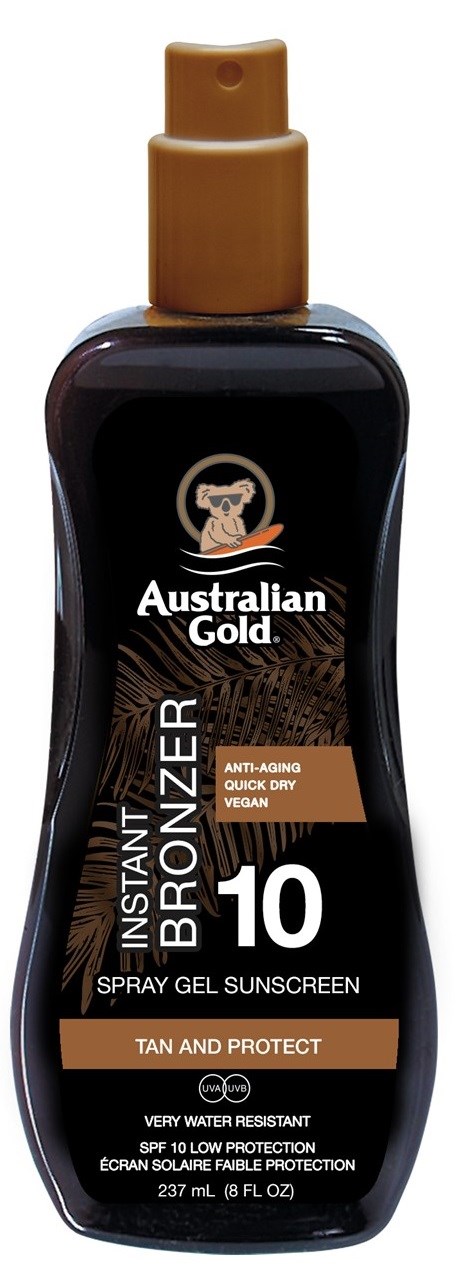 En flaska Australian Gold snabbbrännare spray gel solskydd med SPF 10, avsedd för solning och skydd.