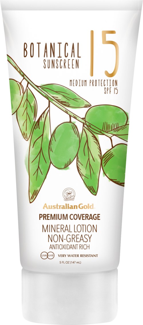 En vit flaska med gröna bladillustration, märkt Botanical Sunscreen SPF 15, Australian Gold, mineralkräm, icke-fet.