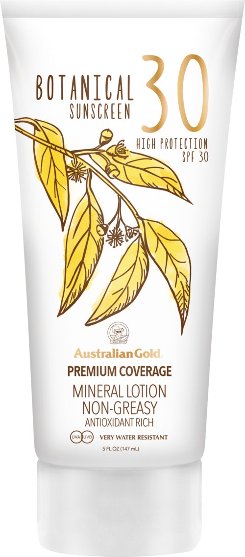 En tub med botanisk solkräm med SPF 30 med växtillustrationer och text om skydd och hudvård.