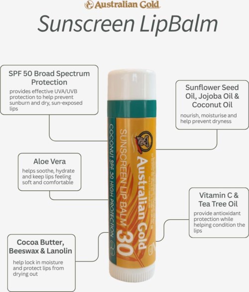 Balsam do ust z SPF 50, bezalkoholowy, zawiera olej z nasion słonecznika, jojobę, kokos, aloes, witaminę C i olejek z drzewa herbacianego.