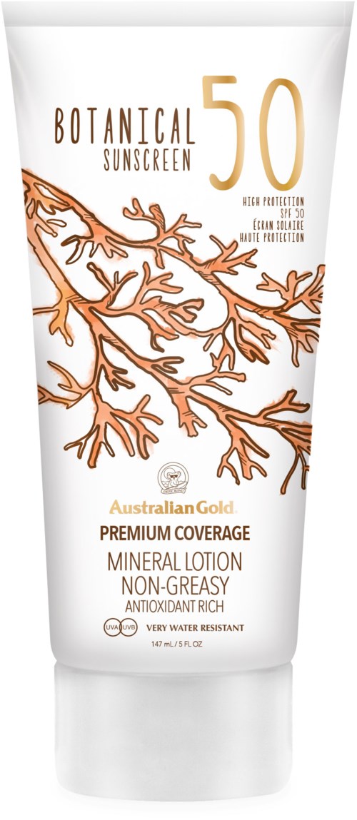 En vit flaska med orange koraldikitektur, märkt Botanical Sunscreen SPF 50, Australian Gold, icke-oljig, vattenfast.