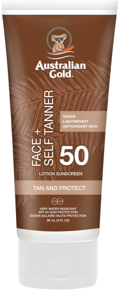 En brun tube med Australian Gold solcreme med SPF 50, mærket til ansigt og selvbruner, med en kænguru og palmeblade.