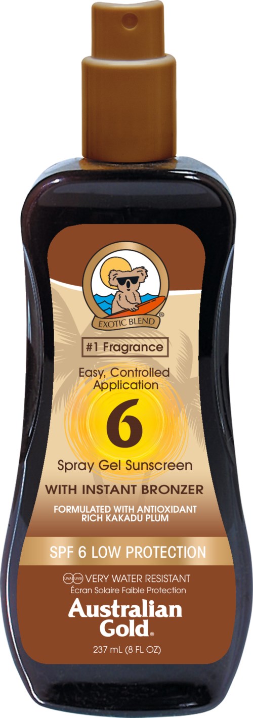 Australian Gold SPF 6 suihkugeeliturvafe. logolla ja suihkepää.