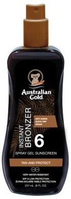 En flaska med Australian Gold spray gel-solsäkerhet nummer 6 för solning, skydd och återfuktning.