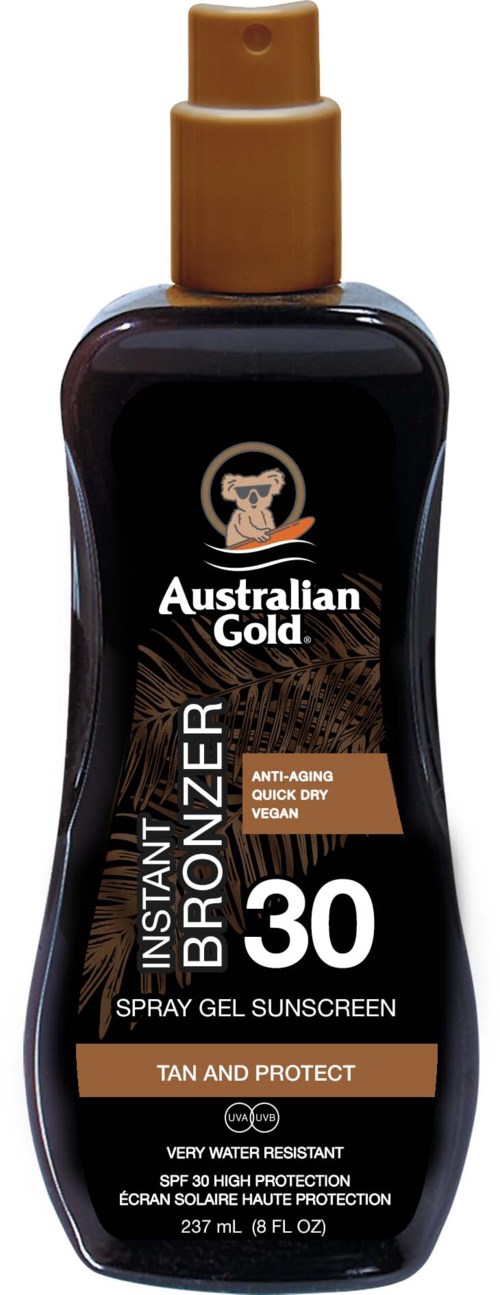 Eine schwarze Sonnencremesprähsprühflasche mit goldener Kappe, Markenname Australian Gold, SPF 30, zum Bräunen und Schutz.
