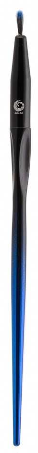 Een lang zwart en blauw apparaat, taps toelopend aan het uiteinde, met een knop nabij de bovenkant.