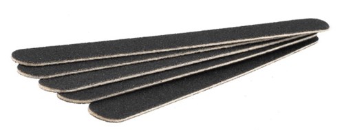 A stack of black nail files with rough abrasive surfaces. They are long, narrow, and curved.
