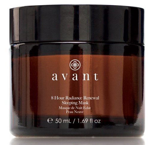 A brown jar with a black lid, labeled 'avant 8 Hour Radiance Renewal Sleeping Mask.'