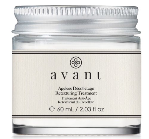 Ett klart burk med en vit etikett som visar en liten logga och text om en anti-aging-kräm som heter Avant.