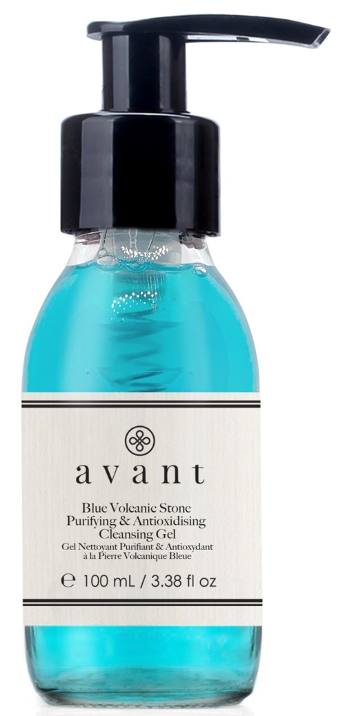 A clear blue cleansing gel bottle with a black pump and a white label that says 'avant' and 'Blue Volcanic Stone'