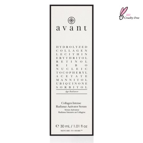A vertical skincare product label with the brand name "avant" and ingredients list, including collagen and other elements.