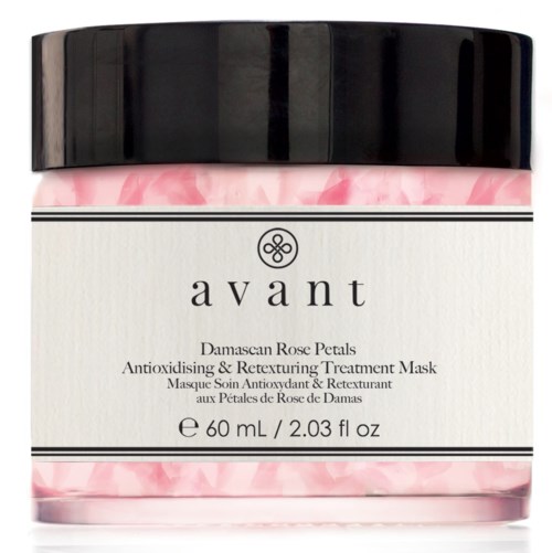 En behållare av Avant Damascus Rose Petals antioxidantmask med svart lock och rosa blommor på designen.