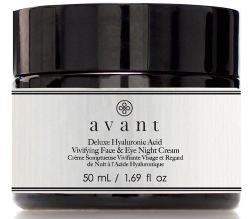 A small black and white jar of facial and eye cream labeled 'avant Deluxe Hyaluronic Acid' with 50 mL capacity.