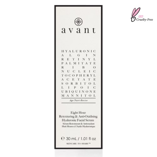 Ett långt, smalt paket med ett 30 mL serum som heter Avant, märkt cruelty-free, med fokus på hyaluronsyra och antioxidantvinster.