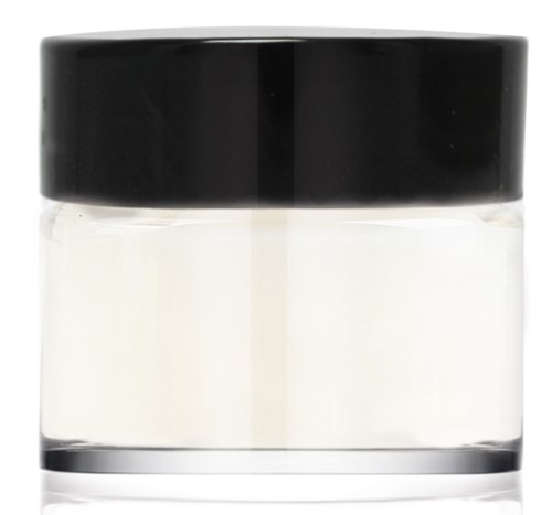 A small jar with a black lid contains a white cream or lotion.