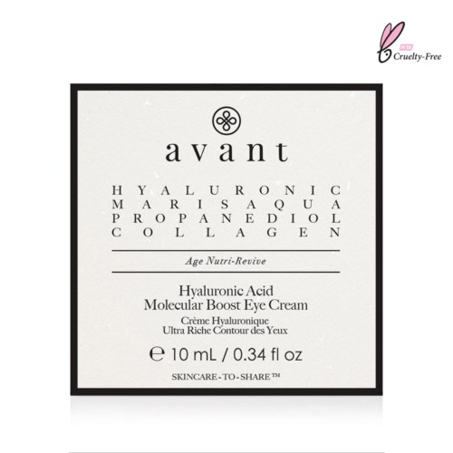 This is a skincare product box labeled 'avant Hyaluronic Acid Molecular Boost Eye Cream.' It is cruelty-free and contains 10 mL.