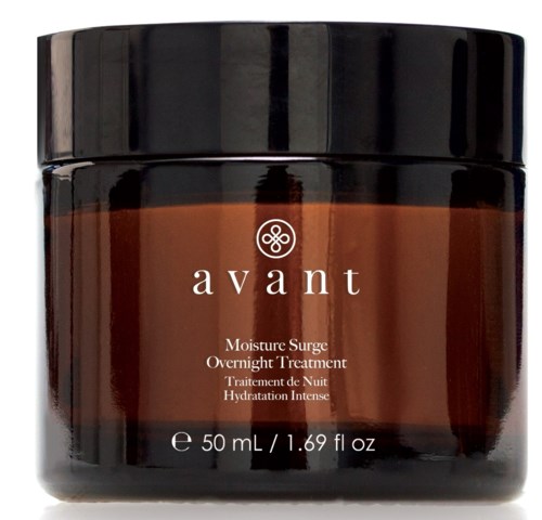 A dark brown jar with a black lid, labeled 'avant' for night moisturizer treatment, contains 50 mL.
