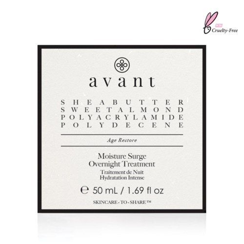 This is a skincare product named Avant, for moisture and overnight treatment, in a 50 mL container. It is cruelty-free.