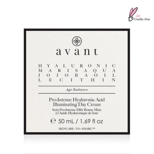 Text-based skincare product packaging for Avant with hyaluronic acid and age radiance benefits.