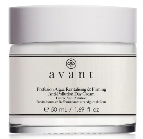 En vit burk med texten 'avant' innehåller anti-förorening dagkräm som återställer och stärker alger, 50 ml.