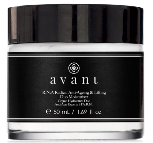 En svart burk med hudvårdsprodukt som heter 'avant', innehållande 50 mL, för anti-aging och lyft av huden.