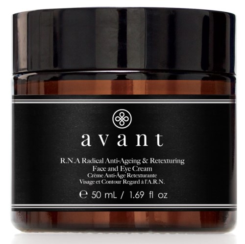 En liten brun glasburk med svart lock märkt 'avant R.N.A Radical Anti-Ageing & Retexturing Face and Eye Cream'.