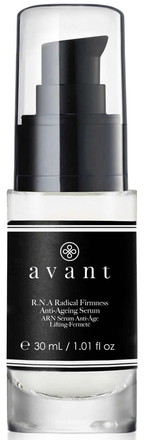 Valkoinen ja musta pullo, merkitty 'avant', anti-age seerumi, 30 ml sisältö.