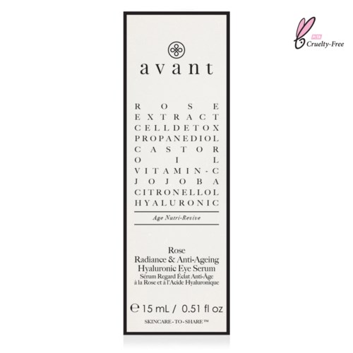 En hudplejeprodukt med mærket 'avant' og ingredienser som rose, hyaluronsyre og vitamin C.