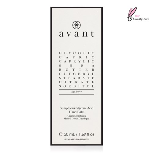 A skincare product label for Avant Glycolic Acid Hand Balm, with ingredients listed and size 50 ml.