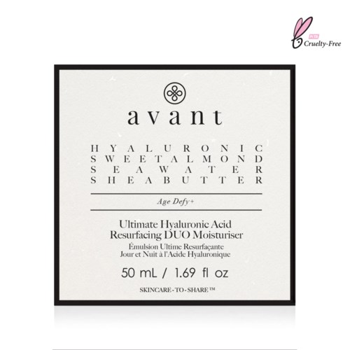 Box of skincare cream with ingredients like hyaluronic acid, almond, shea butter, and sea water, labeled for young skin. Also notes cruelty-free.