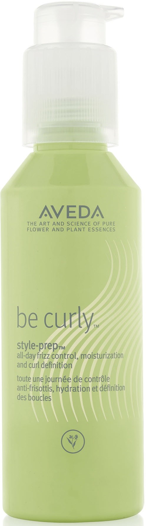 Aveda be curly styling product fles, lichtgroen met witte pomp, voor haarcontrole en hydratatie.
