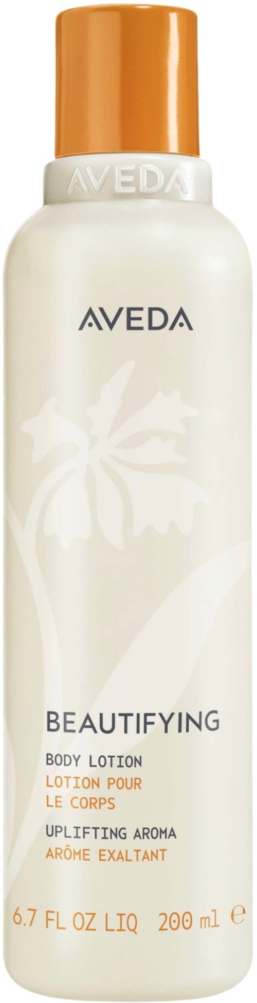 En hvit flaske med Aveda Beautifying Body Lotion med brun lokk, merket som oppbyggende med eksotisk duft.