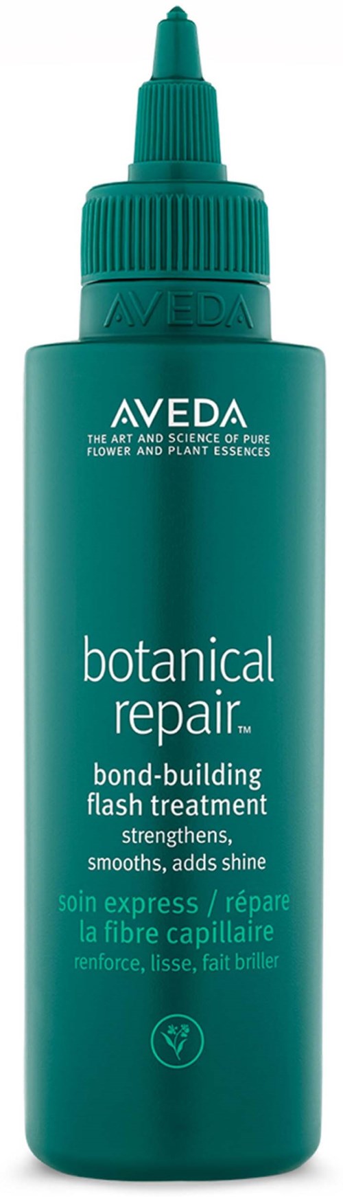 Aveda botanical repair -pullo vihreä, kärkinen suutin, merkitty hiusten korjaukseen.