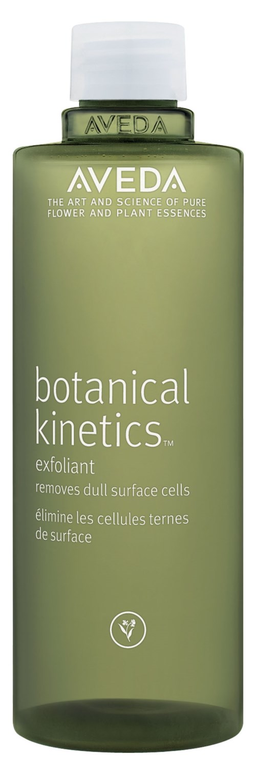 Vihreä pullo, jossa valkoinen teksti Avedan Botanical Kinetics kuorinnasta, joka poistaa tylsiä pintasoluja.