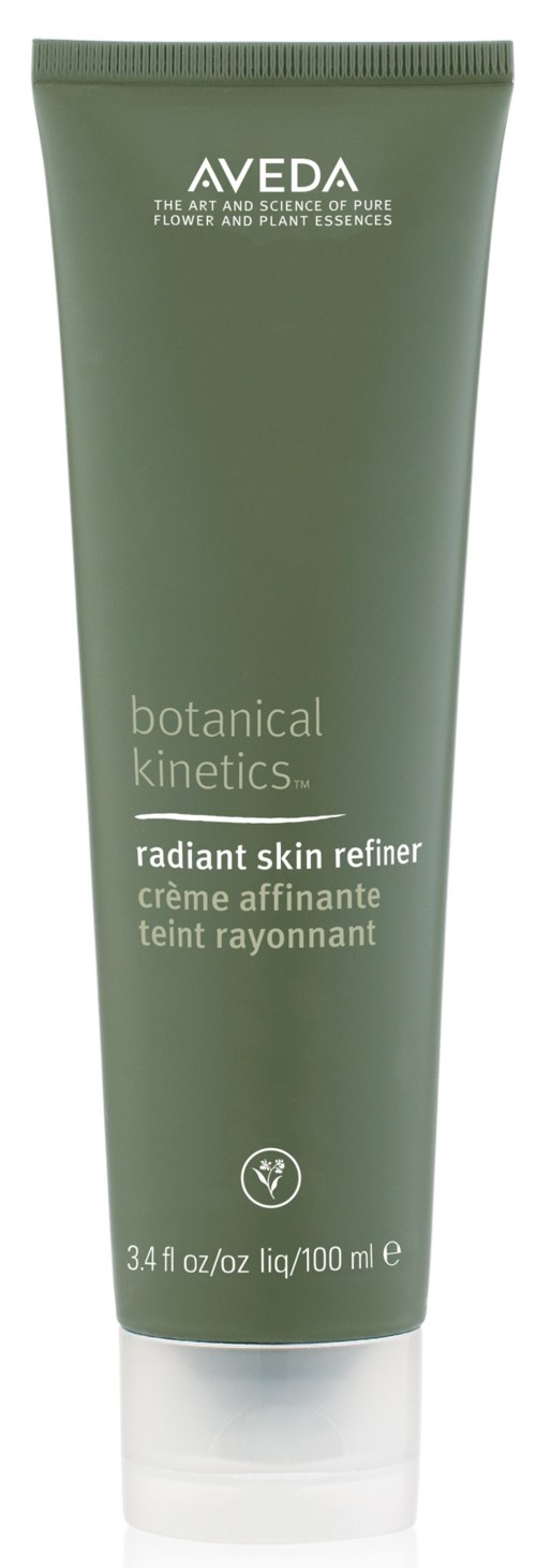 En grønn tube med tekst om et hudpleieprodukt fra Aveda, kalt 'radiant skin refiner', 3,4 fl oz/100 ml.