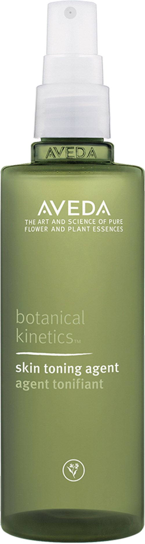 Een groene fles met een sproeikop, gelabeld Aveda botanical kinetics skin toning agent.