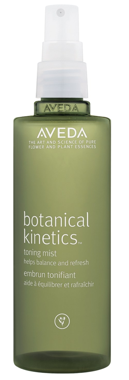 Grön flaska med pump, märkt "Aveda botanical kinetics" toner för fräschör och balans.