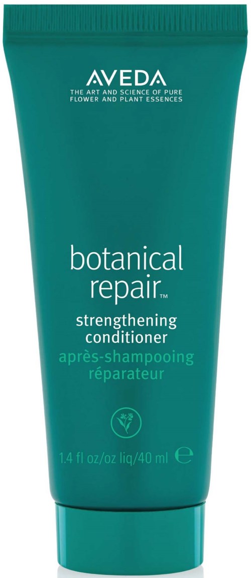 Vihreä pullo, jossa lukee Aveda Botanical Repair vahvistava hoitoaine, 40 ml, yksinkertainen teksti ja siisti muotoilu.