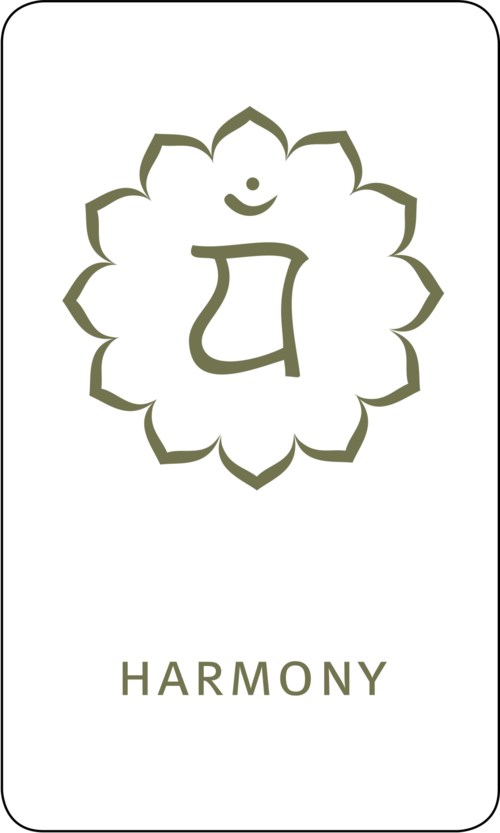 Logo, jossa on kukka-muoto, hymyilevä kasvot ja iso kielen, ja alla sana HARMONY.