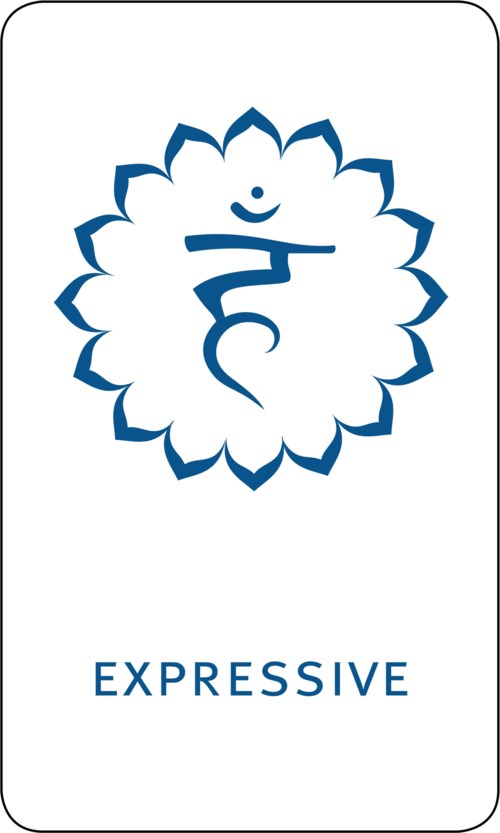 Sininen henkinen symboli kukkamuodossa ja alle kirjoitettu sana EXPRESSIVE.