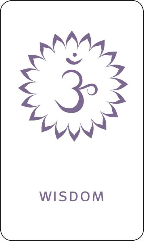 Ein beruhigendes Logo mit einer Lotusblume, Om-Symbol, lachendes Gesicht und dem Wort WEISHEIT darunter.